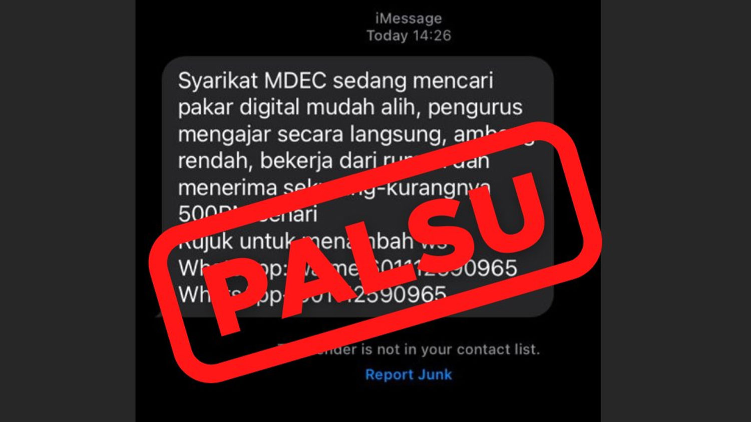 MDEC Menafikan Mesej Tular Yang Menawarkan Kerja Menerusi SMS