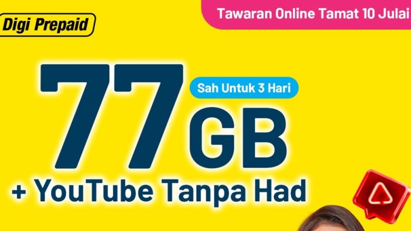 Digi Tawar Data 77GB + YouTube Tanpa Had Untuk RM9 Bagi 3 Hari