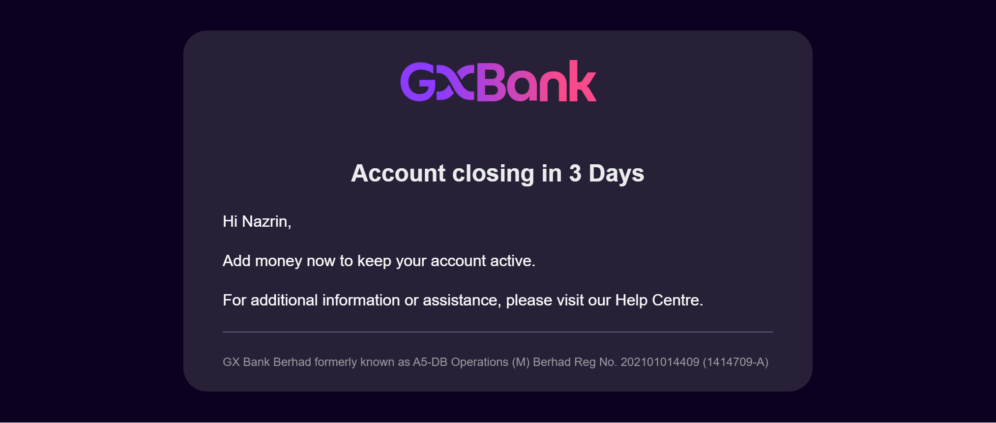 Akaun GX Bank Anda Akan Ditutup Selepas 3 Bulan Sekiranya Tiada Deposit Wang